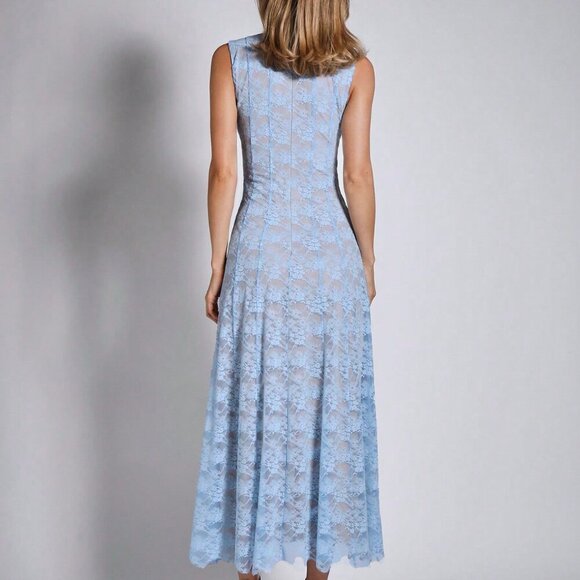 Blue Elegant Women's Lace Sleeveless Mid-Length Dress - Picture 2 of 7